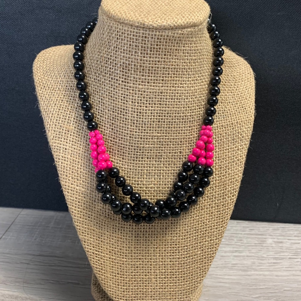 Vintage Black and Hot Pink Multi Strand Beaded Bib Necklace 16 Inch 4897